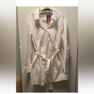 SHEIN all cotton white SXY shirt dress 3X with belt semi sheer